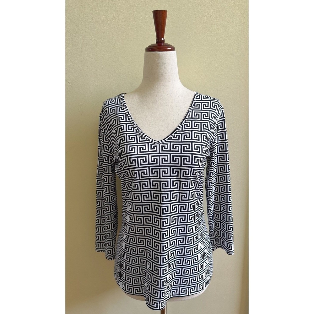 J. McLaughlin Top S Womens V Neck Black White Geometric 3/4 Sleeves